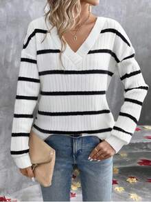 SHEIN LUNE 女式休闲罗纹V领长袖罗纹T恤 - 彩色 - 查看 3