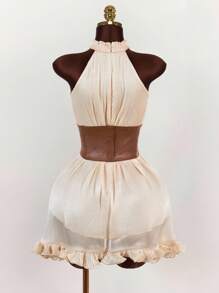 Amplova Váy ngắn thắt eo bằng vải PU chắp vá phong cách Hippie dành cho nữ, mùa hè - Màu be - Xem 10