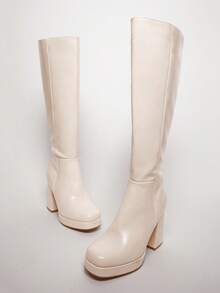 SHUZIA Botas altas hasta la rodilla con plataforma, punta cuadrada, cómodas y glamorosas para mujer, con cremallera interior - Beis - Ver 2