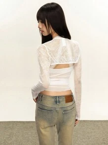 Rina Fox 女式蕾丝长袖吊带背心和露背吊带背心两件套，合身又时尚 - 白色 - 查看 3