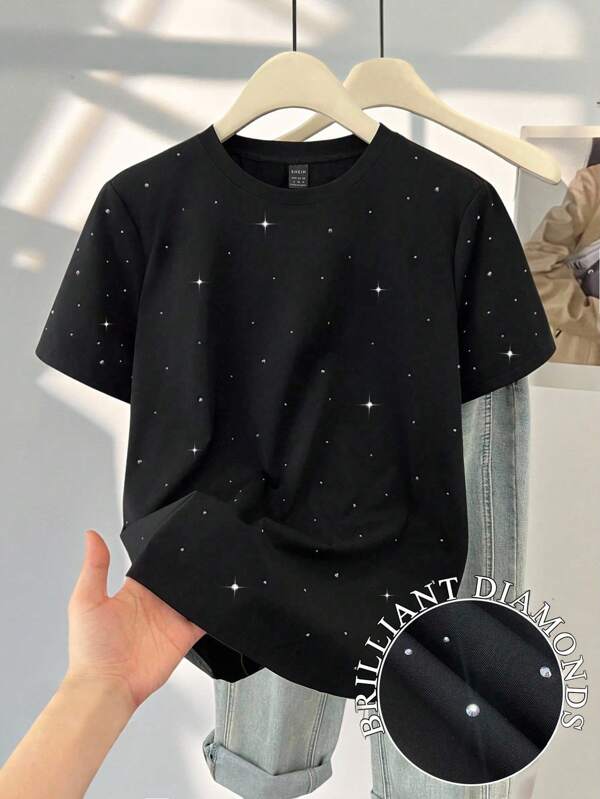 SHEIN LUNE Camiseta de mujer de manga corta con cuello redondo, decorada con rhinestones de unicolor, adecuada para uso diario, nueva colección de otoño