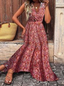 SHEIN Clasi V 领无袖佩斯利印花连衣裙长款女装 - 紅色 - 查看 6