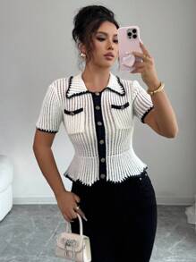 Selianne 全新时尚女式 Polo 领百搭纽扣设计针织短袖开衫上衣 - 白色 - 查看 1