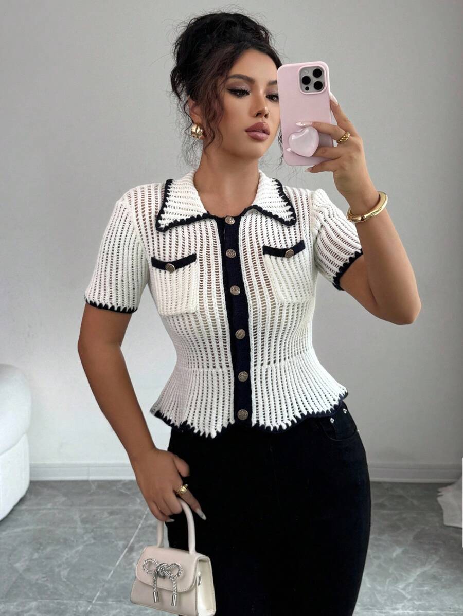 Selianne 全新时尚女式 Polo 领百搭纽扣设计针织短袖开衫上衣 - 白色 - 查看 1