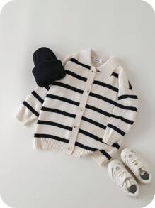 SHEIN 1 pièce Cardigan rayé à manches longues style coréen décontracté pour jeunes garçons, convient pour l'école, les vacances, les saisons d'automne et d'hiver