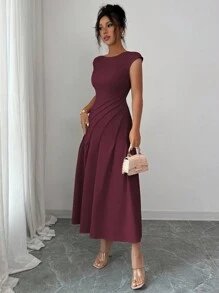 Selianne Rochie elegantă pentru femei, stil francez, romantică, cu talie căzută, plisată, primăvară/vară - Maro - Vizualizare 4