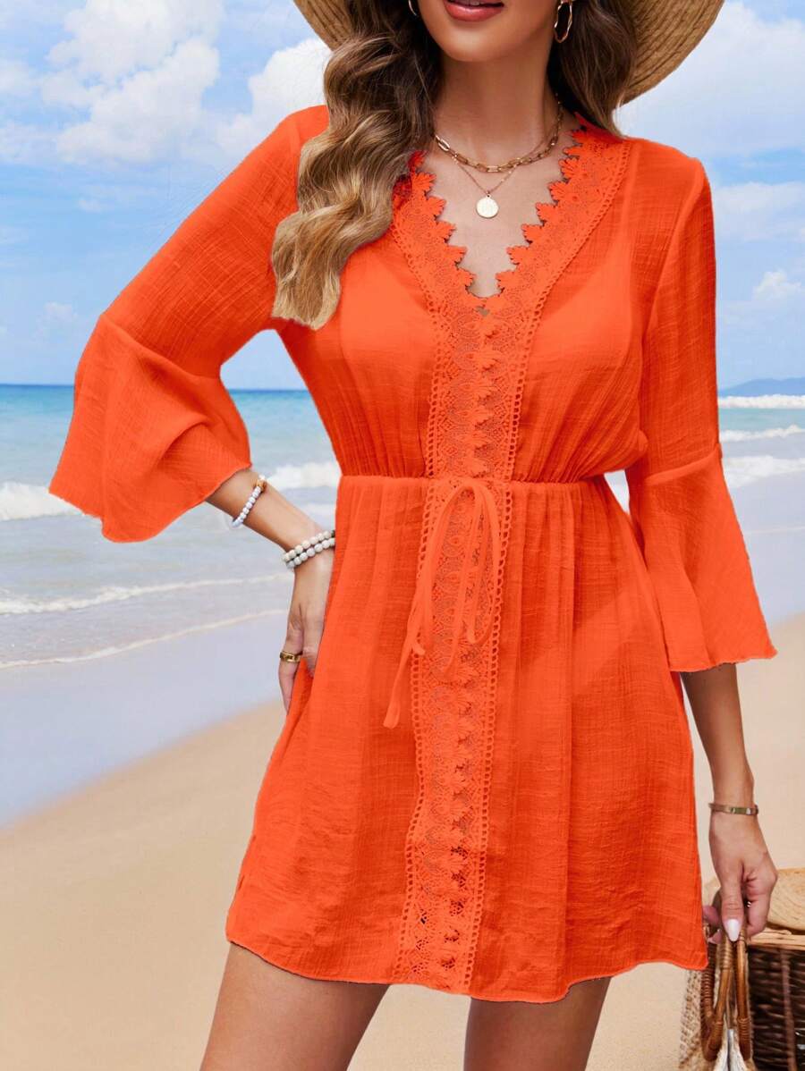 Swim Lushoire 女士夏季海滩系带腰喇叭袖拼接荷叶边优雅度假连衣裙和罩衫 - 橘色 - 查看 1