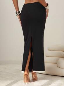 Vixey Contrast Piping Hem Back Zipper Knit Skirt, Business Casual Woman, Office - Black - View 5