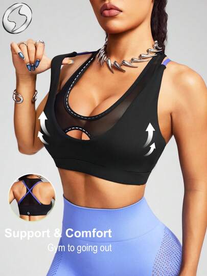 Innovista 撞色拼接运动文胸，日常休闲运动，中等支撑，适合瑜伽、普拉提、高强度间歇训练、办公室健身、跑步、拳击等运动，舒适透气，功能性网眼面料，镂空交叉后背设计，露背设计，适合有氧运动，健康实用，时尚有型，支撑性文胸