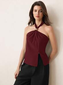 BizChic Áo kiểu cổ yếm xẻ tà bên hông màu đỏ tía với cúc kim loại trang trí, thanh lịch, thích hợp cho công sở, đi làm hàng ngày, mang hơi hướng lãng mạn thập niên 90, retro, Giáng sinh, Năm mới, Lễ tình nhân, tiệc tùng, đi biển, lễ tốt nghiệp, lễ hội, ngày lễ, đa năng, tối giản, lãng mạn, phù hợp cho khách dự đám cưới, chủ nhà, hẹn hò, tiệc tùng, hòa nhạc, bữa sáng muộn, sân bay, nhiều dịp khác nhau. - Màu Đỏ Sâu - Xem 4