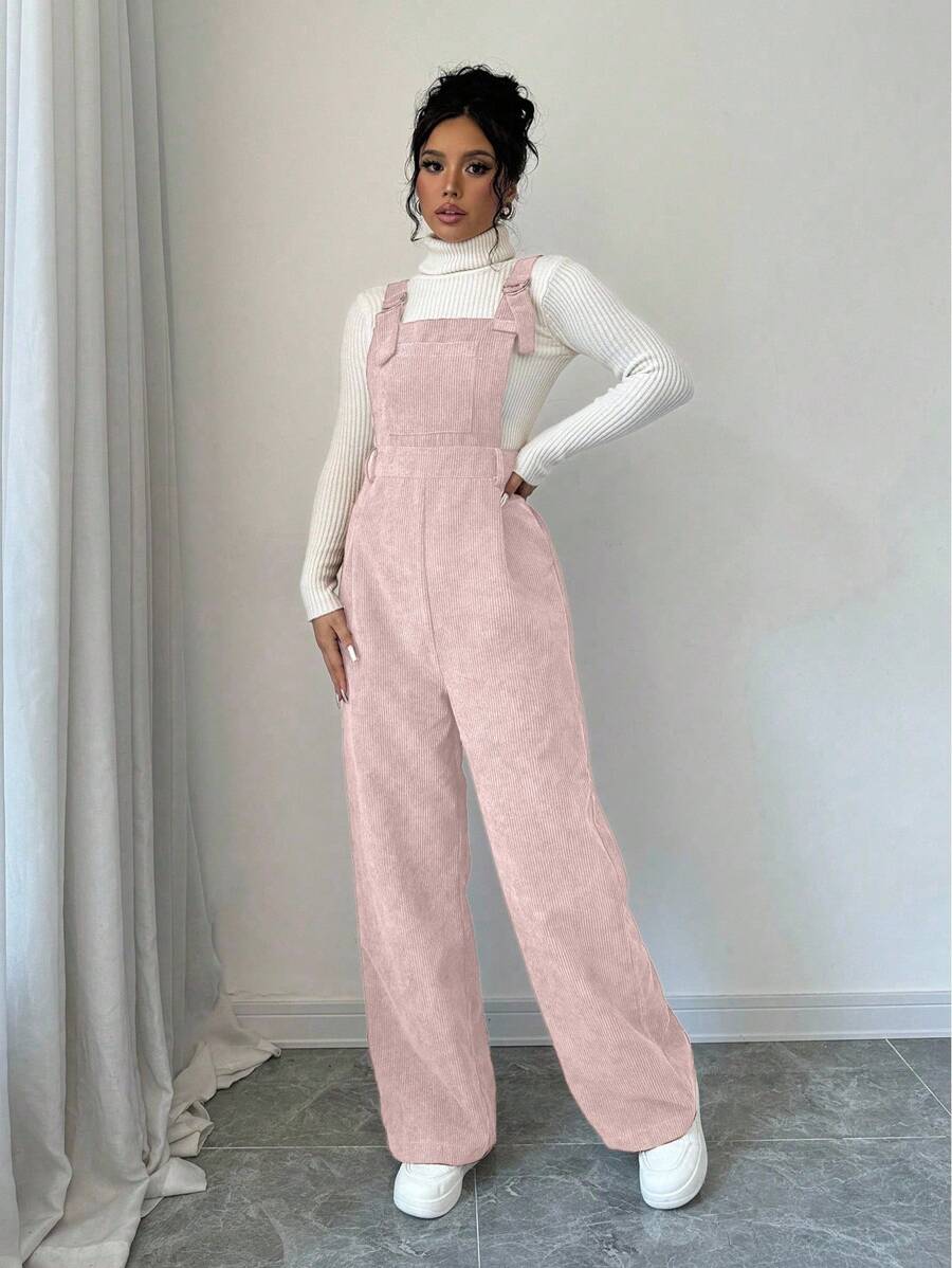 Selianne Women's Solid Color Loose Pocketed Bib Overalls In Corduroy - Pink - View 1