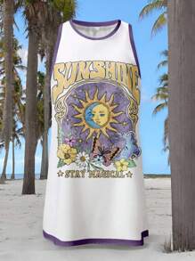 Veykashi 大码女式休闲度假日月花卉印花短款连衣裙，适合夏季 - 彩色 - 查看 2