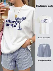 Jouncy Women's Summer Beverage Letter Print Short Sleeve T-Shirt And Striped Shorts Casual 2 Pieces Set