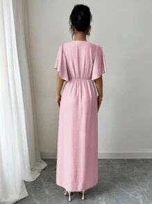 Elenzga 女士优雅休闲 V 领 A 字开衩纽扣装饰泡泡袖中长连衣裙，适合下午茶、派对、度假、通勤，纯色 - 粉色 - 查看 2