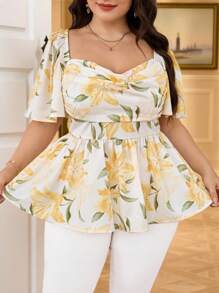 Modelyn Plus Size Women Floral Print Plunging Neck Short Sleeve Fashion Blouse - Multicolor - View 5