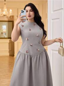 Modelyn Plus Size Women's Sequin Floral Decor Crew Neck Pleated Elegant Dress - Khaki - View 3