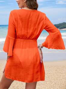 Swim Lushoire 女士夏季海滩系带腰喇叭袖拼接荷叶边优雅度假连衣裙和罩衫 - 橘色 - 查看 2