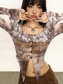 Rina Fox Women's Y2K Fashion Street Style Full Print Ombre Flare Sleeve Ruffle Hem Asymmetrical Hem Cropped Lightweight Top, Spring/Summer Fall Winter Cloth For Women