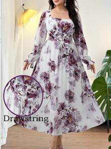 Modelyn Plus Size Elegant Floral Print Square Neck Waist Cinching Midi Dress - Multicolor - View 8