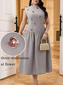 Modelyn Plus Size Women's Sequin Floral Decor Crew Neck Pleated Elegant Dress - Khaki - View 1