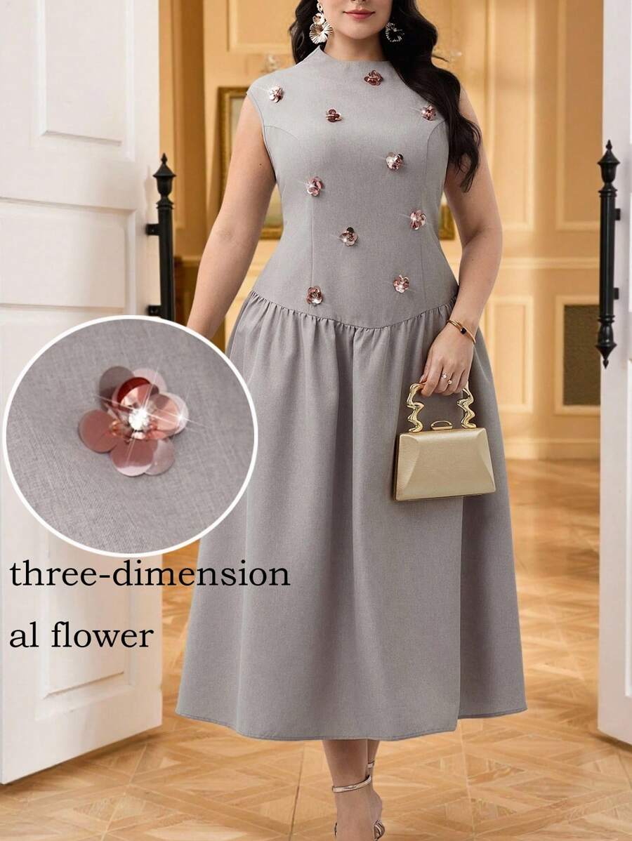 Modelyn Plus Size Women's Sequin Floral Decor Crew Neck Pleated Elegant Dress - Khaki - View 1