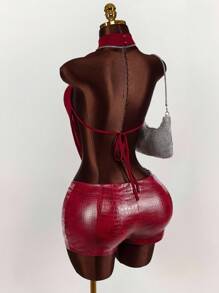 Amplova 网眼深垂领露背 PU 拼接紧身连衣裤 - 紅色 - 查看 2