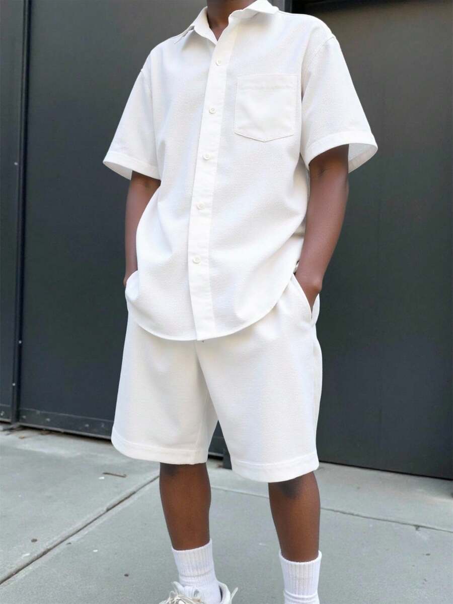 SHEIN 2pcs Teen Boys' Casual Comfy Knit Texture Short Sleeve Shirt & Shorts Set, Spring Wear - White - View 1