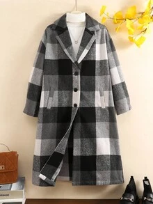 SHEIN Tween Girl Casual Plaid Midi Overcoat, Comfortable & Minimalist, Autumn/Winter Fall - Khaki - View 5