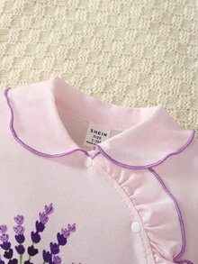 新生儿可爱薰衣草图案长袖连体衣带帽子，2件套家居服秋冬装 - 藕粉色 - 查看 3