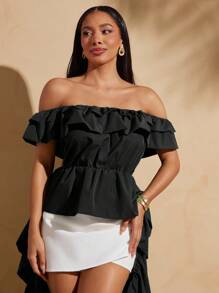 Vixey Off Shoulder Layered Ruffle Hi-Low Woven Top, Summer Tops, Spring, Summer, Boho, St Patrick Day, Country Concert, Beach Cover Up Women - Black - View 3