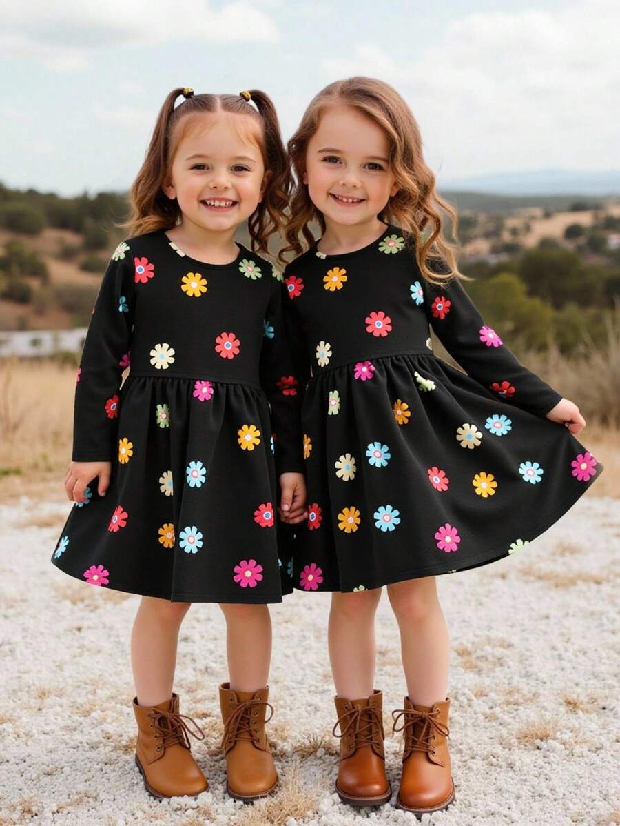 SHEIN Váy len họa tiết hoa/hoa dễ thương nhiều màu sắc cho bé gái thường ngày, mùa thu đông, tuyệt vời cho trang phục thường ngày & hàng ngày & đi học hàng ngày - Nhiều màu - Xem 1