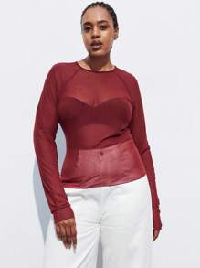 Maija Femmes grande taille Top transparent à manches longues raglan, col rond, couleur unie. Automne, rentrée scolaire, homecoming, vintage, romantique, mode, polyvalent ; confortable, élégant, casual, simple, porter au quotidien, essentiel, couleur unie, décontracté pour les vacances, décent, célibataire, mode élégante, décontracté pour le travail, sortie, remise des diplômes, enseignante, automne