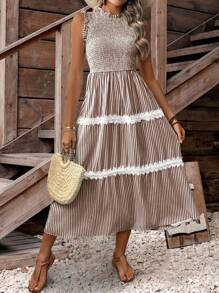 LanaWest Women Sleeveless Casual Striped Frill Hem Mini Dress