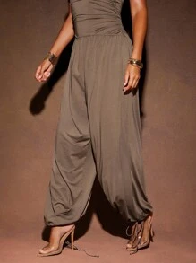 Hauture Women's Sexy Summer Vacay Jersey Sleeveless Side Ruched And Drawstring Hem Jumpsuit - Khaki - View 5