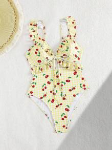 Swim Mod Sexy Ruffled Hollow-Out Backless Random Print One-Piece Swimsuit For Women, Summer Vacation - Multicolor - View 8