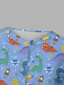 PopScrub Women's Cartoon Dinosaur Print Long Sleeve Front Open Nursing Scrub Uniform Jacket - Blue - View 5