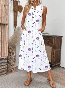 EMERY ROSE Women's Casual Vacation Sleeveless V-Neck Printed Knit Maxi Dress