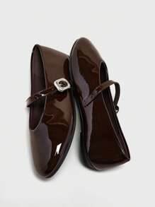 Solezae Women's Blod Buckle Wide Open Round Toe Shiny Pu Brown Mary Jane Flats-Luxe-Feeling For Office To Dinner - Chocolate Brown - View 3