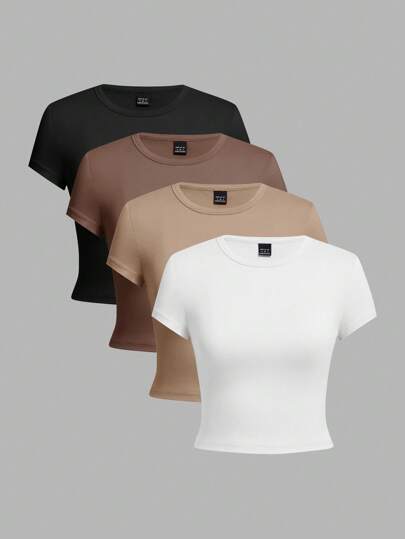 SHEIN EZwear 4pcs/Set Casual Round Neck Short Sleeve Fitted Women T-Shirts, Suitable For Summer