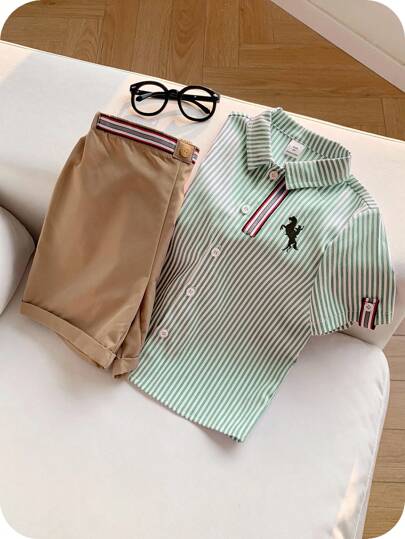 SHEIN 2pcs/Set Affordable Casual Sports College Style Colorful Striped Ribbon Decor Polo Collar Short Sleeve Shirt And Khaki Woven Shorts Set, Suitable For Daily Wear, Sports, Outings, Campus, Gatherings, Festivals, Photoshoots, Back To School Season, Spring/Summer Fall Winter