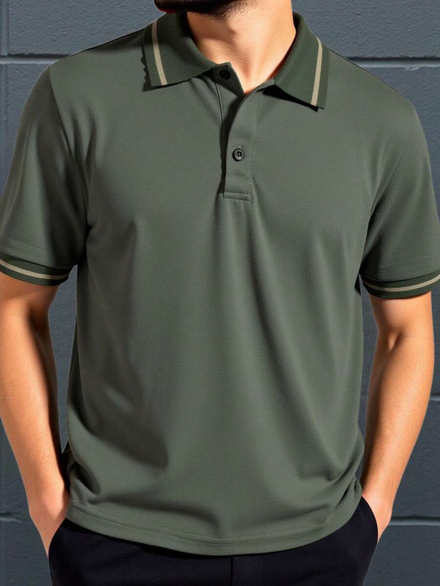 SHEIN 青少年男孩撞色 Polo 领军绿色休闲 Polo 衫，时尚、简约、百搭、可爱、柔软舒适，适合日常穿着、上学、旅行、运动、海滩度假 - 軍綠色 - 查看 1