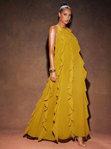 Hauture Sexy Summer Boho Vacation Solid Frill Detail Open Back Maxi Dress - Yellow - View 2
