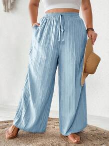 SHEIN CURVE+ Plus Size Women's New Spring/Summer Business Casual Beach Outfit, Fashionable Commuter Elegant Purple Lotus Root Pink Wide Leg Pants With Pockets, Beach Holiday Attire - Baby Blue - View 6