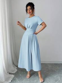 Elenzga 女士优雅纯色休闲通勤商务下午茶派对 A 字短袖连衣裙，春夏 - 藍色 - 查看 4