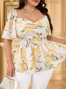 Modelyn Plus Size Women Floral Print Plunging Neck Short Sleeve Fashion Blouse - Multicolor - View 4