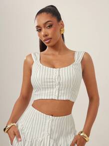 Vixey Striped Print Round Neck Front Button Cropped Sleeveless Top, Business Casual, Office - Multicolor - View 4