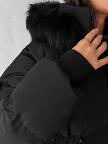 EURMUSE Women's Casual Fashionable Daily Versatile Solid Color Patchwork Faux Fur Hooded Extra Long Padded Coat, Winter