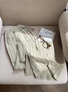 Comfortcana 绿色梭织条纹休闲度假阔腿裤 - 綠色 - 查看 5