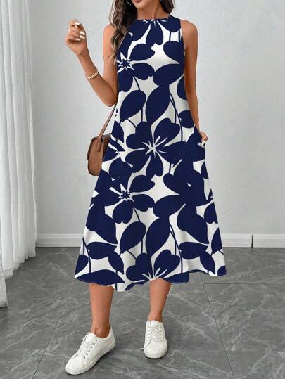 SHEIN LUNE Women's Casual Floral Pattern Round Neck Mid-Length Dress, Suitable For Spring/Summer Blue Floral Midi Dress Chic Dress,Casual