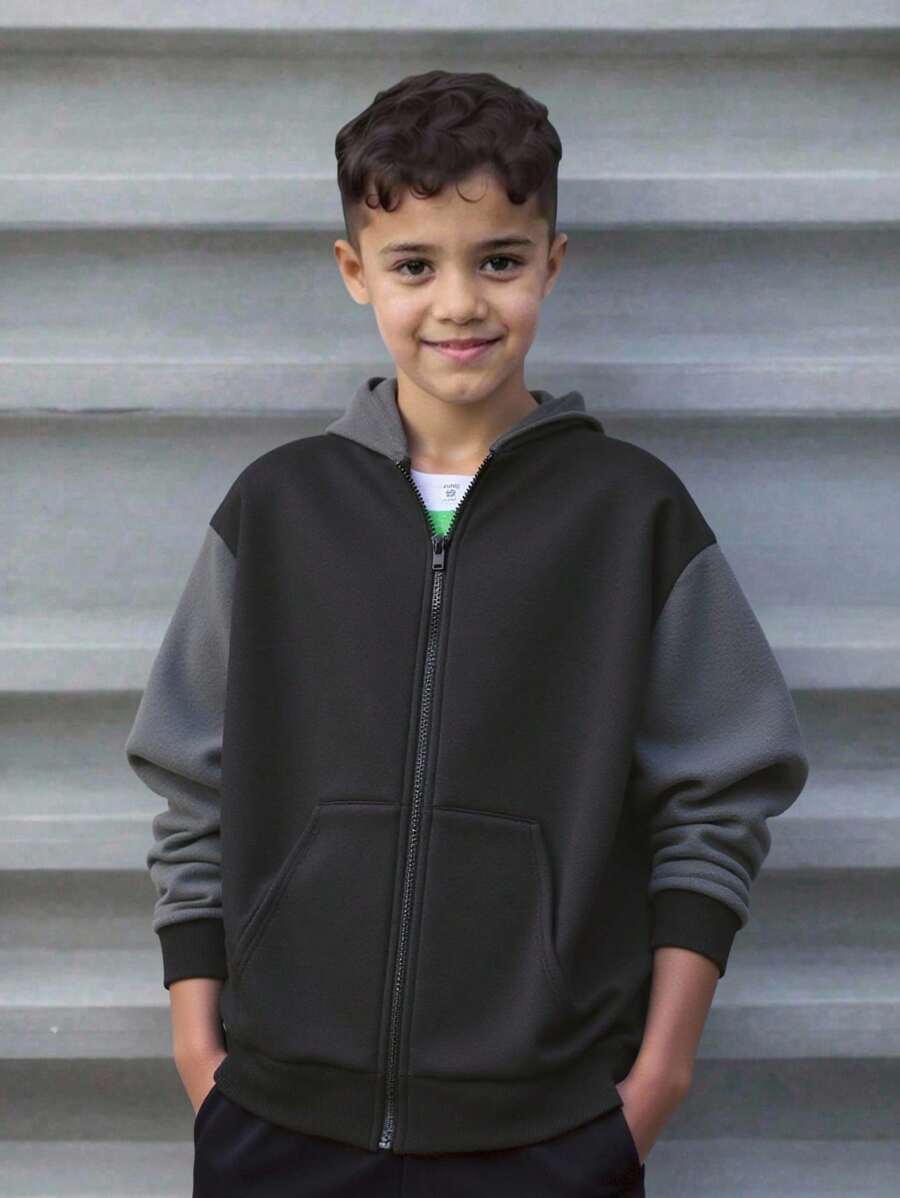 SHEIN 舒适涤纶拉链卫衣,适合青少年男孩,落肩设计,带帽。适合秋冬季穿着。 - 黑色 - View 1
